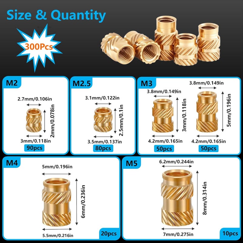 FFVRVSS 300+6Pcs M2 M2.5 M3 M4 M5 Premium Brass Threaded Inserts, Metric Brass Knurled Nuts Assortment Kit, with Heat Set Insert Tool, for Plastic and 3D Printing Components, All-in-one Solutions - Image 2